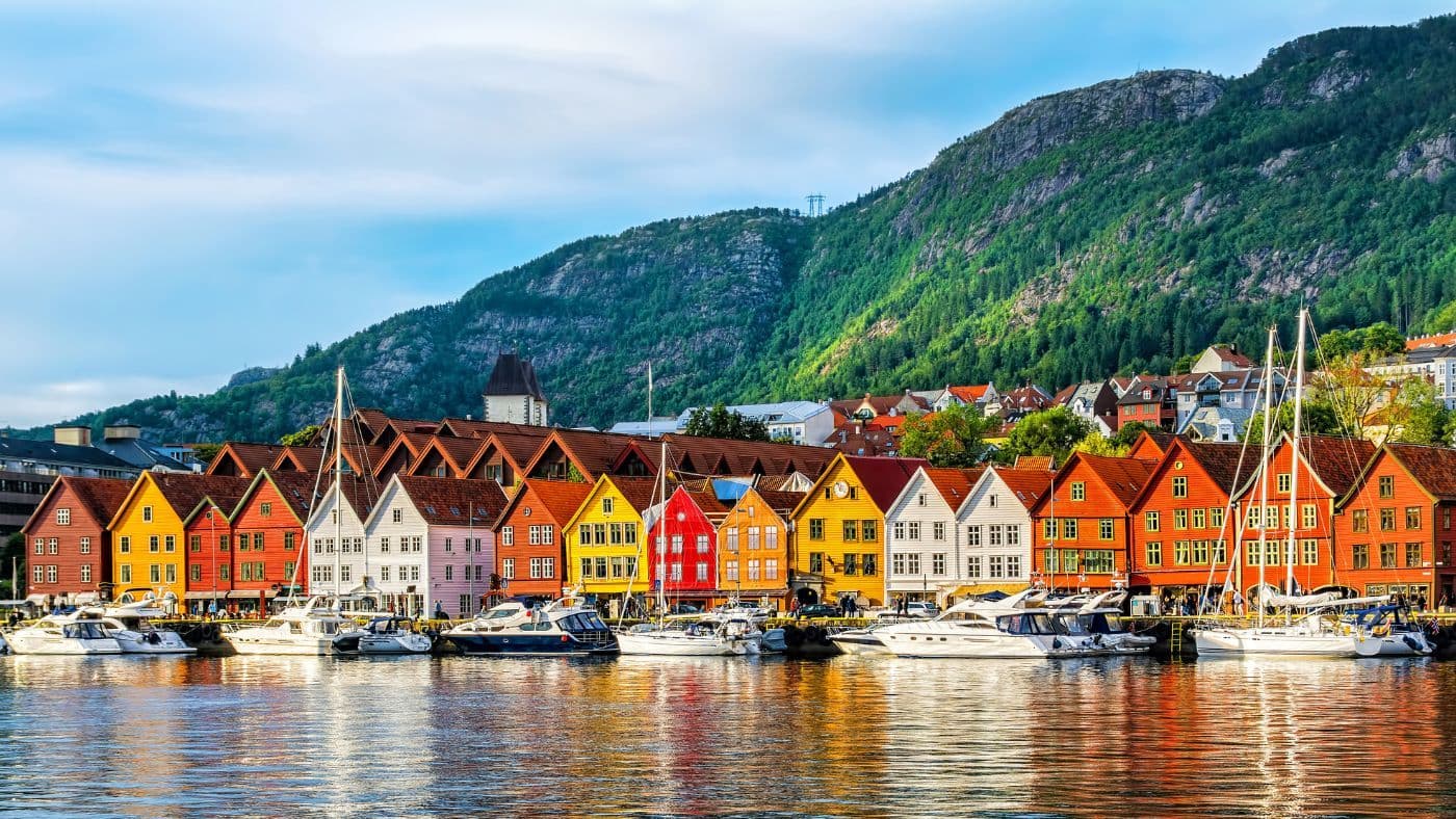 View of historical buildings in Bryggen-Hanseatic wharf in Bergen, Norway. UNESCO World Heritage
